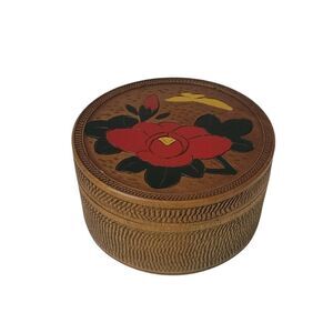 Vintage 20th Century Japanese Hand Carved Box and 6 Coaster Set Floral Flowers